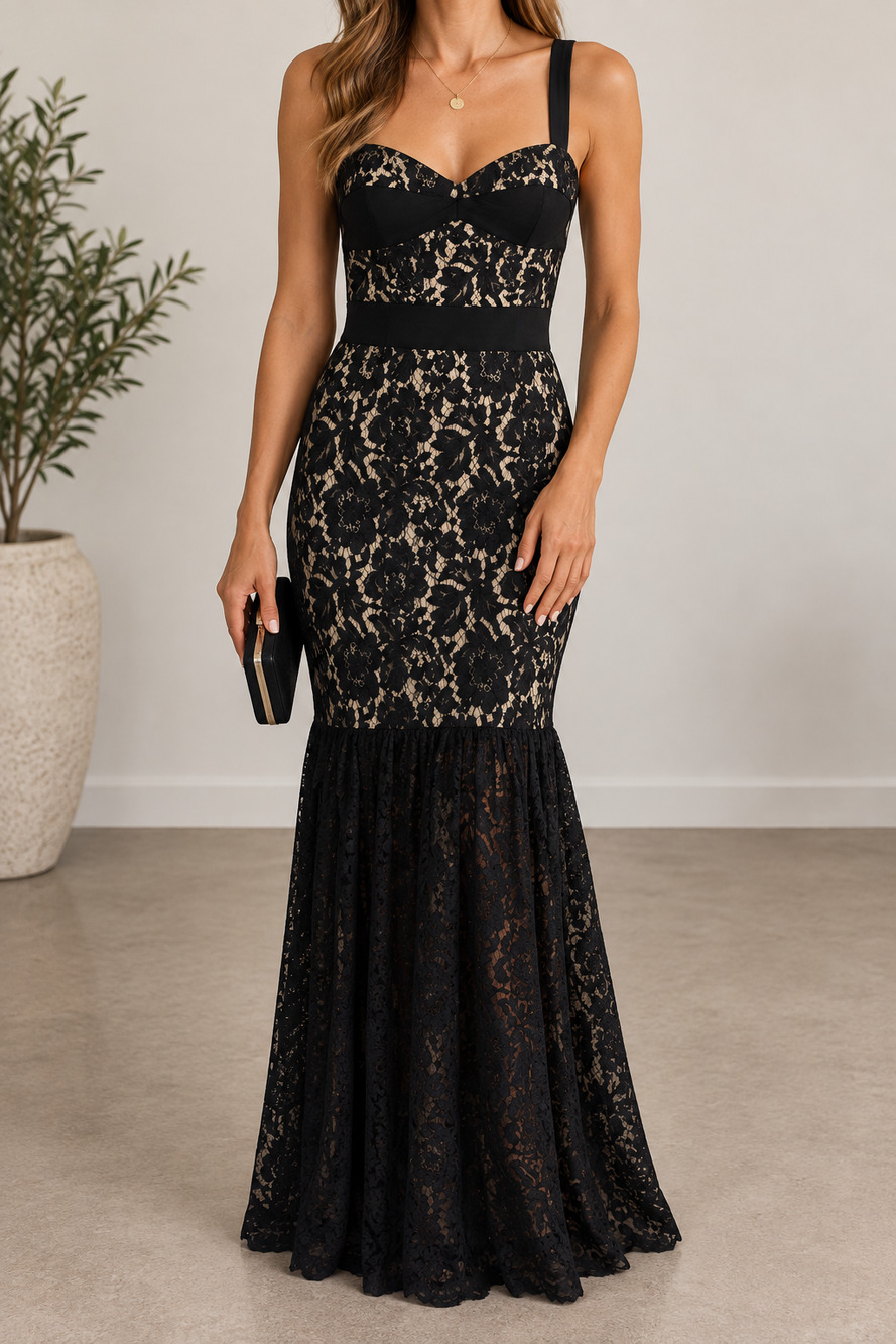 Milly Black Lace Bustier Maxi Dress Size 8 Mermaid Cocktail Goth Prom Wedding